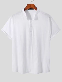 Mens 100% Cotton Stand Collar Henley Shirt