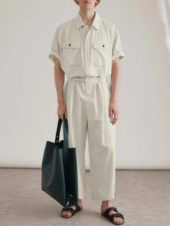 Mens Solid Lapel Zip Front Cargo Jumpsuit With Belt