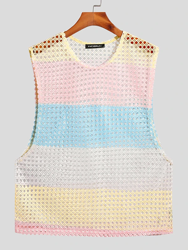 Mens Mesh Fishnet See Through Color Block Tank 6 Mens Mesh Fishnet See Through Color Block Tank - Image 4