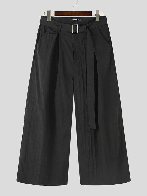 Mens Solid Texture Casual Wide Leg Pants With Belt 6 Mens Solid Texture Casual Wide Leg Pants With Belt - Image 4