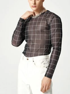 Mens Plaid Mesh See Through Long Sleeve T-shirt -Incerun Shop 034e2f90 8560 47b8 a6b6 fc2a849b14b7