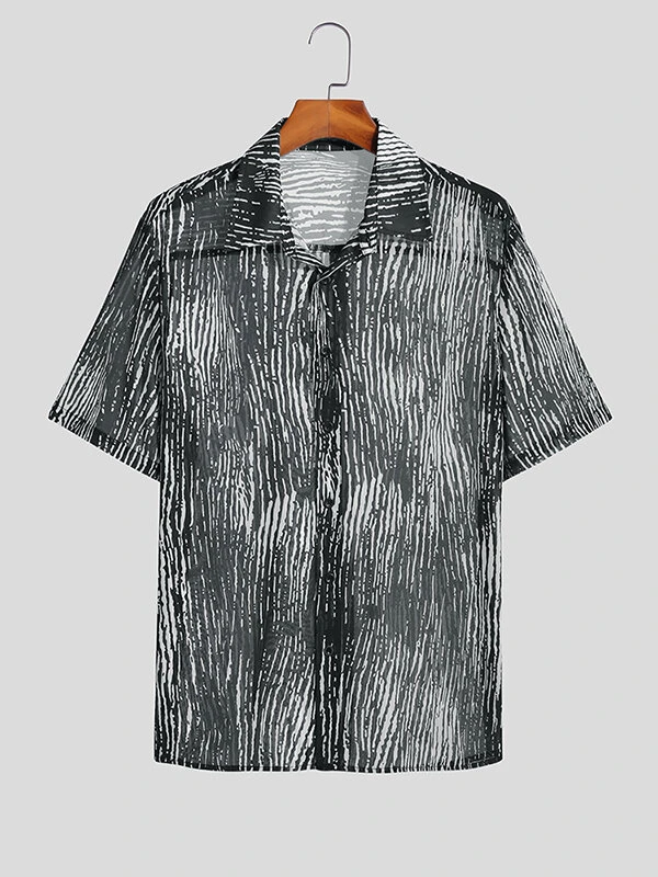 Mens Watercolor Striped Print Lapel Short Sleeve Shirt 5 Mens Watercolor Striped Print Lapel Short Sleeve Shirt - Image 3