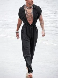 Men Cargo Short Sleeve V Neck Overalls Long Pants Jumpsuit