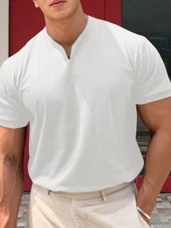 Mens Solid Notched Neck Casual Short Sleeve T-Shirt -Incerun Shop 04ce6850 ecc8 4ffa 896f 11bfd75ecbe2