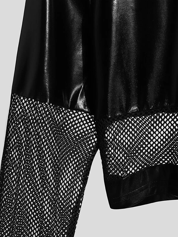 Mens Faux Leather Mesh Patchwork Long Sleeve Cropped T-Shirt 9 Mens Faux Leather Mesh Patchwork Long Sleeve Cropped T-Shirt - Image 7
