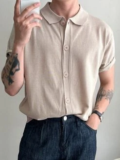 Mens Solid Knit Button Up Short Sleeve Shirt -Incerun Shop 05f575c3 71b2 4f6c 8a7f 49d0c6929d5b
