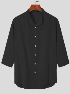 Mens Stand Collar Three-quarter Sleeve Shirt