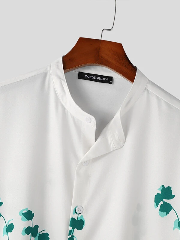 Mens Floral Plant Print Stand Collar 3/4 Sleeve Shirt 7 Mens Floral Plant Print Stand Collar 3/4 Sleeve Shirt - Image 5