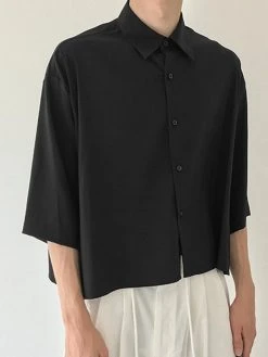 Mens Solid Lapel Button Up Loose 3/4 Sleeve Shirt