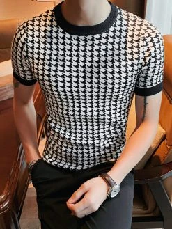 Mens Houndstooth Pattern Crew Neck Knit Short Sleeve T-Shirt