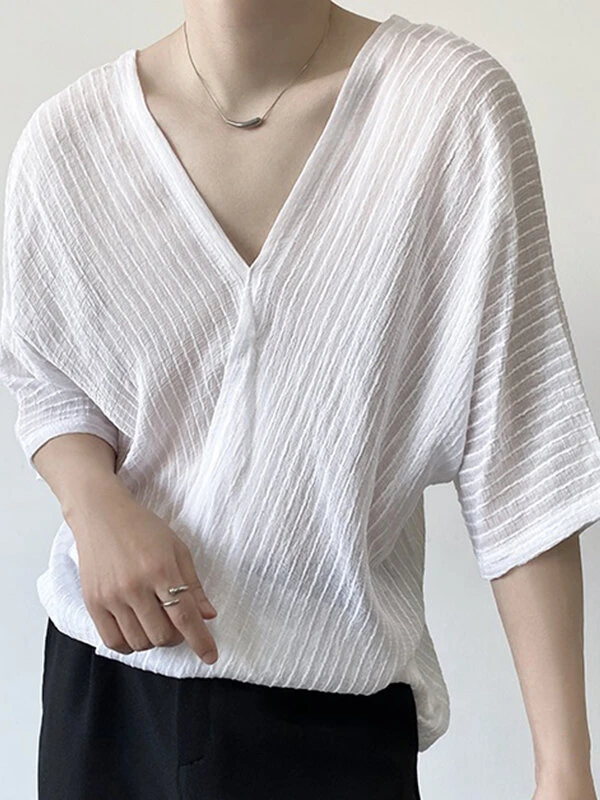 Mens Striped Front And Back Deep V-Neck T-Shirt 5 Mens Striped Front And Back Deep V-Neck T-Shirt - Image 3