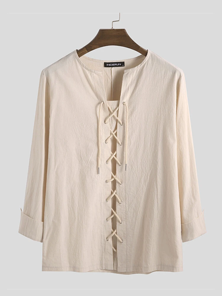 Mens 100% Cotton Pure Color Loose Lace Up Long Sleeve T-Shirts 3 Mens 100% Cotton Pure Color Loose Lace Up Long Sleeve T-Shirts