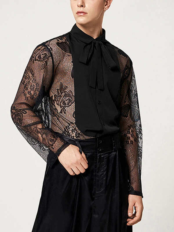 Mens Lace See Through Bowknot Long Sleeve Shirt 6 Mens Lace See Through Bowknot Long Sleeve Shirt - Image 4