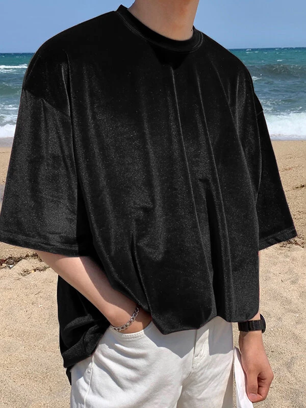 Mens Velvet Crew Neck Solid Half Sleeve T-Shirt 6 Mens Velvet Crew Neck Solid Half Sleeve T-Shirt - Image 4