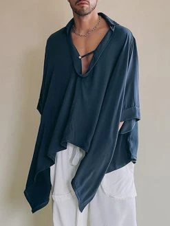 Mens Solid Johnny Collar Irregular Hem 3/4 Sleeve Shirt -Incerun Shop 0867c24b b854 4717 b8b2 008cac2ab64f