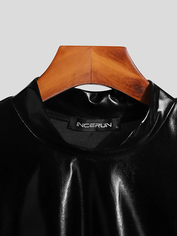 Mens Faux Leather Mesh Patchwork Long Sleeve Cropped T-Shirt 8 Mens Faux Leather Mesh Patchwork Long Sleeve Cropped T-Shirt - Image 6