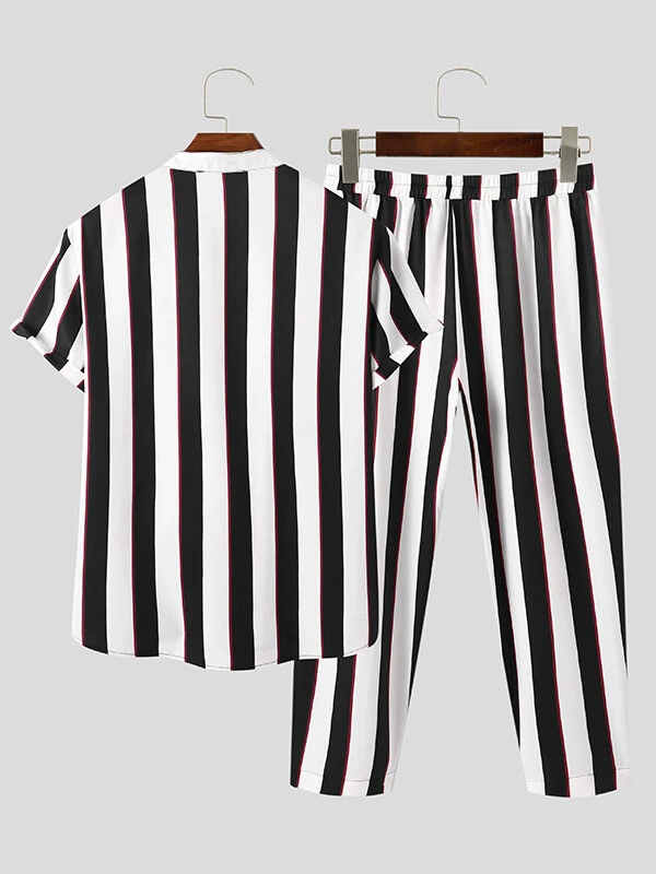 Mens Striped Short Sleeve Shirts Pants Set 4 Mens Striped Short Sleeve Shirts Pants Set - Image 2