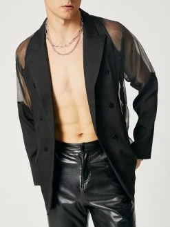 Men's Sexy Mesh Patchwork Long-sleeved Jacket Shirt
