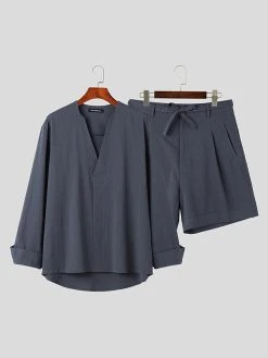 Mens Solid Texture V-Neck Casual Two Pieces Outfits -Incerun Shop 0ce48f53 4963 4058 8d24 b0f98d474716