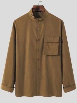 Mens Stand Collar Pocket Long Sleeve Shirt -Incerun Shop 0d4a4fe0 d4b8 411e 8345 611594d7f0d2