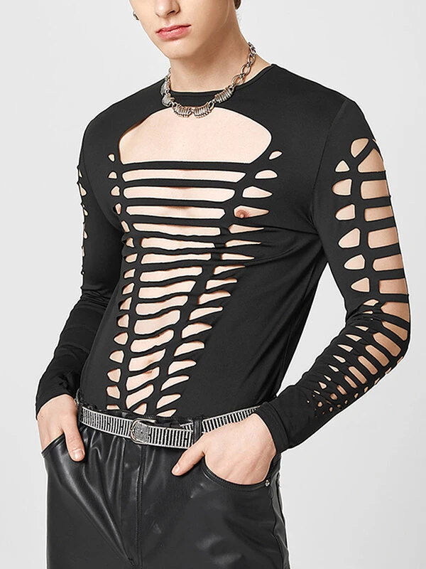 Mens Cutout Design Crew Neck Long Sleeve T-Shirt 4 Mens Cutout Design Crew Neck Long Sleeve T-Shirt - Image 2