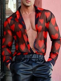 Mens Heart Print See Through Long Sleeve Shirt