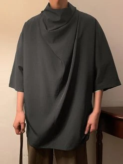 Mens Solid Cowl Neck Button Design Half Sleeve T-Shirt