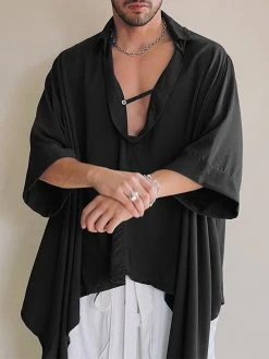 Mens Solid Johnny Collar Irregular Hem 3/4 Sleeve Shirt