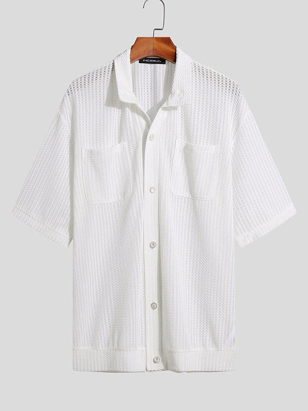 Mens Knit Hollow Out Double Pocket Short Sleeve Shirt 5 Mens Knit Hollow Out Double Pocket Short Sleeve Shirt - Image 3