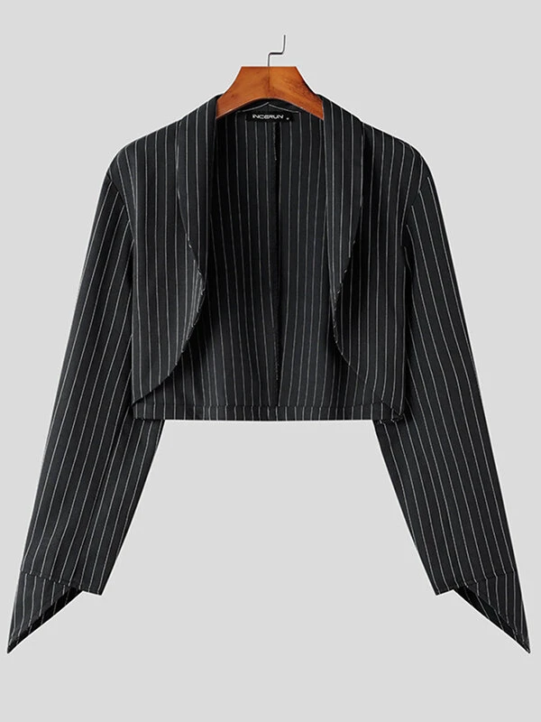 Mens Striped Curve Hem Long Sleeve Cropped Blazer 6 Mens Striped Curve Hem Long Sleeve Cropped Blazer - Image 4