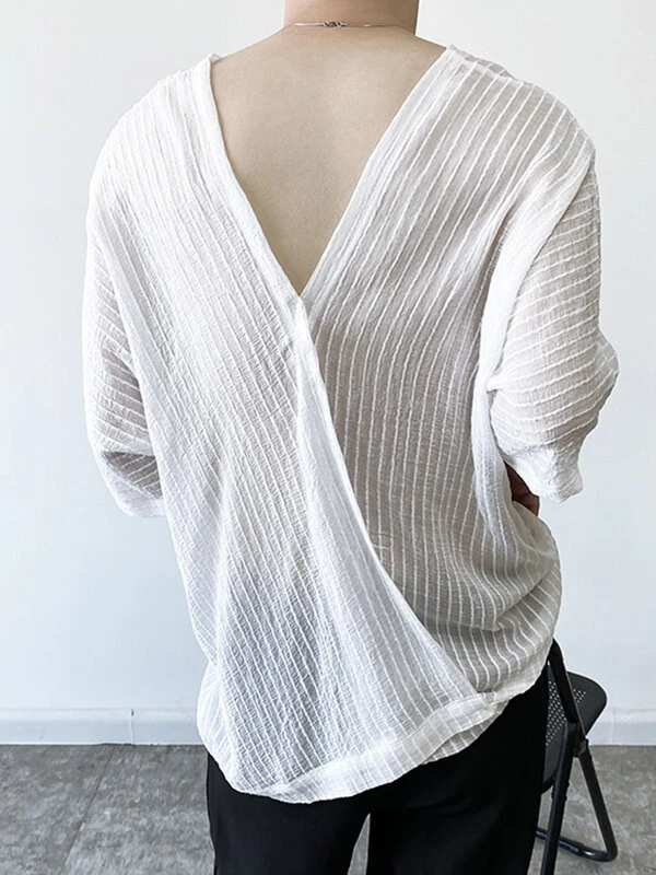 Mens Striped Front And Back Deep V-Neck T-Shirt 6 Mens Striped Front And Back Deep V-Neck T-Shirt - Image 4