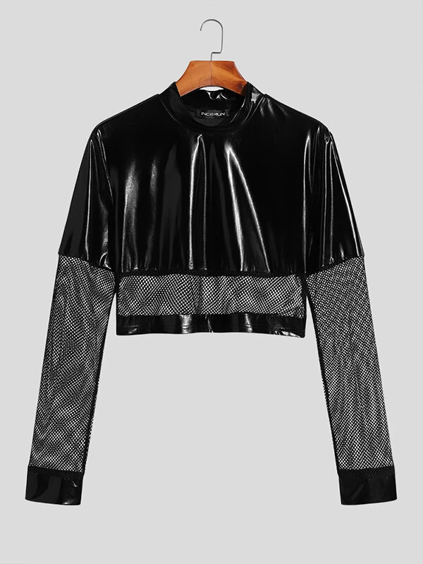 Mens Faux Leather Mesh Patchwork Long Sleeve Cropped T-Shirt 6 Mens Faux Leather Mesh Patchwork Long Sleeve Cropped T-Shirt - Image 4