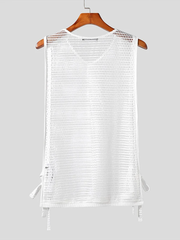 Mens Fishnet Side Split Tie V-Neck Sleeveless Tank 6 Mens Fishnet Side Split Tie V-Neck Sleeveless Tank - Image 4
