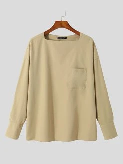 Mens One-Line Neck Pocket Loose Shirt 24 Mens One-Line Neck Pocket Loose Shirt -Incerun Shop 129b3e0d c0a6 4073 b0ff 9a6f5e657739