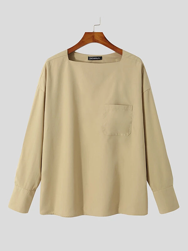 Mens One-Line Neck Pocket Loose Shirt 13 Mens One-Line Neck Pocket Loose Shirt - Image 11