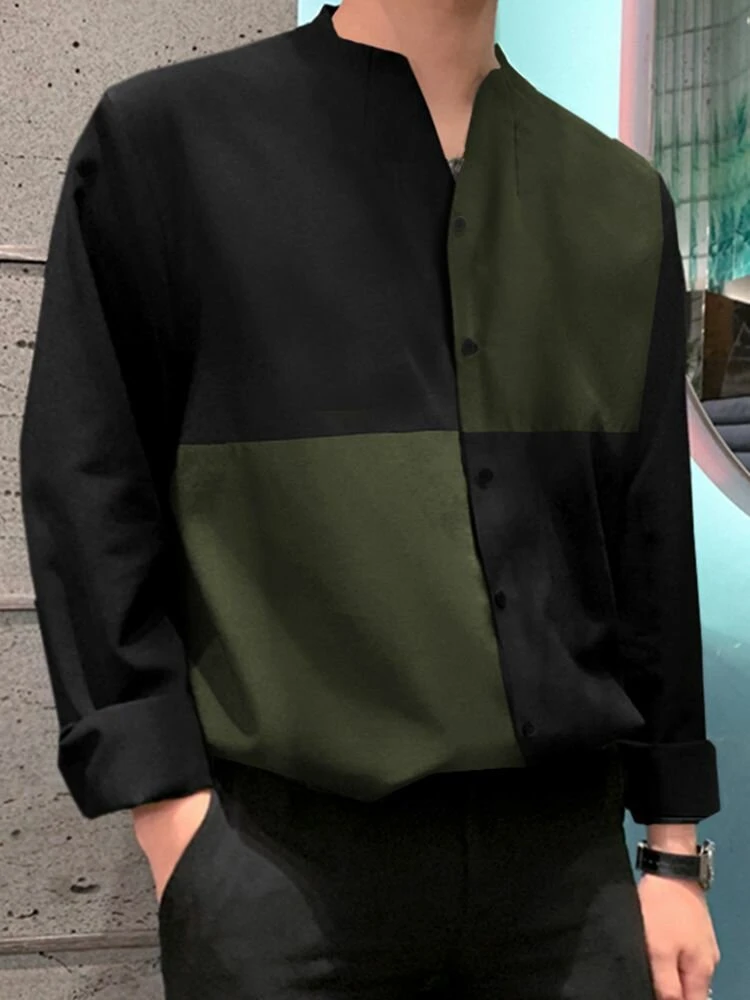 Mens V-Neck Patchwork Long Sleeve Button Up Shirts 6 Mens V-Neck Patchwork Long Sleeve Button Up Shirts - Image 4