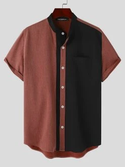 Mens Contrast Patchwork Stand Collar Short Sleeve Shirt -Incerun Shop 13b7bd4d 1df1 4e49 aa0b 25a9830f1693
