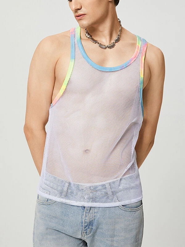 Mens Mesh See Through Tie Dye Trim Sleeveless Tank 3 Mens Mesh See Through Tie Dye Trim Sleeveless Tank