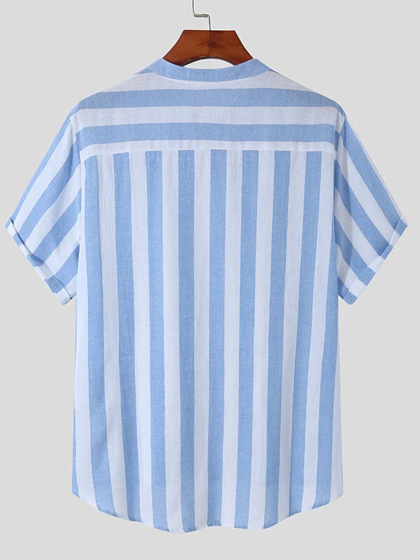 Mens Striped Half Button Casual Short Sleeve Henley Shirt 7 Mens Striped Half Button Casual Short Sleeve Henley Shirt - Image 5