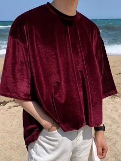 Mens Velvet Crew Neck Solid Half Sleeve T-Shirt