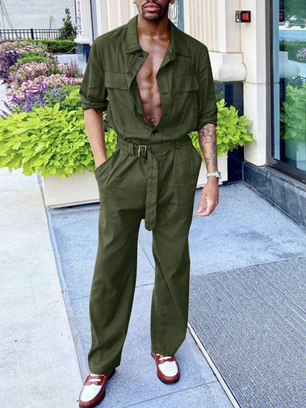 Mens Belted Long Sleeve Casual Jumpsuit 3 Mens Belted Long Sleeve Casual Jumpsuit