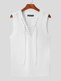 Men V-Neck Drawstring Lace Up Vest -Incerun Shop 16833e68 f5ba 4dde bdd6 a71ae7555dff