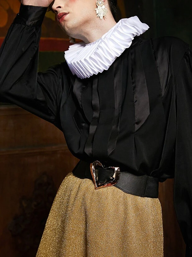 Men Pleated High Neck Long Sleeve Shirt 14 Men Pleated High Neck Long Sleeve Shirt - Image 12