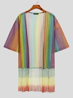 Men Glitter Rainbow Stripe Printed Fringe Cardigan -Incerun Shop 17ab6de3 6c51 4c12 adf5 6abe38083b84