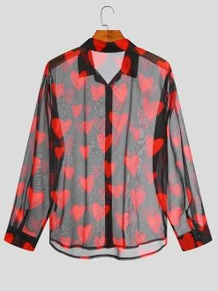 Mens Heart Print See Through Long Sleeve Shirt -Incerun Shop 1809a877 8e5d 4220 b78a 5c4f9065741f
