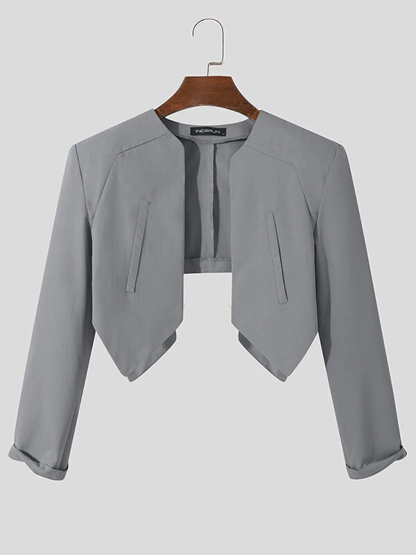 Mens Solid Collarless Irregular Hem Casual Crop Blazer 7 Mens Solid Collarless Irregular Hem Casual Crop Blazer - Image 5