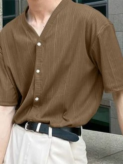 Mens Striped Texture V-Neck Short Sleeved Shirt