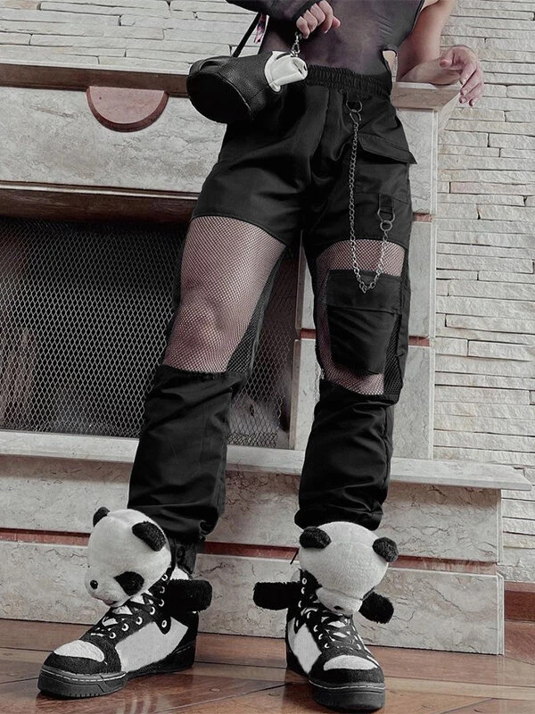 Mens Mesh Patchwork Chain Design Flap Pocket Pants 3 Mens Mesh Patchwork Chain Design Flap Pocket Pants