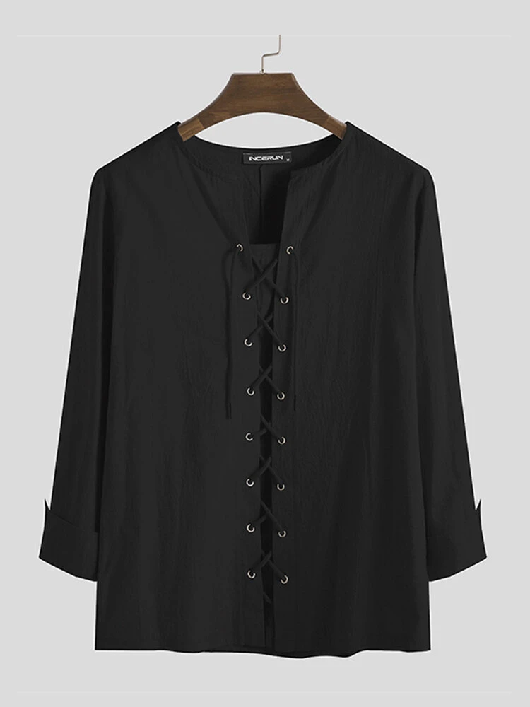 Mens 100% Cotton Pure Color Loose Lace Up Long Sleeve T-Shirts 10 Mens 100% Cotton Pure Color Loose Lace Up Long Sleeve T-Shirts - Image 8