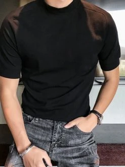 Mens Solid High Neck Knit Casual Short Sleeve T-Shirt